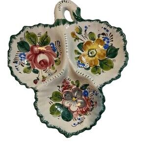 Made in Italy Beautiful Handpainted Ceramic Cream/Green Divided Nut/Candy Dish